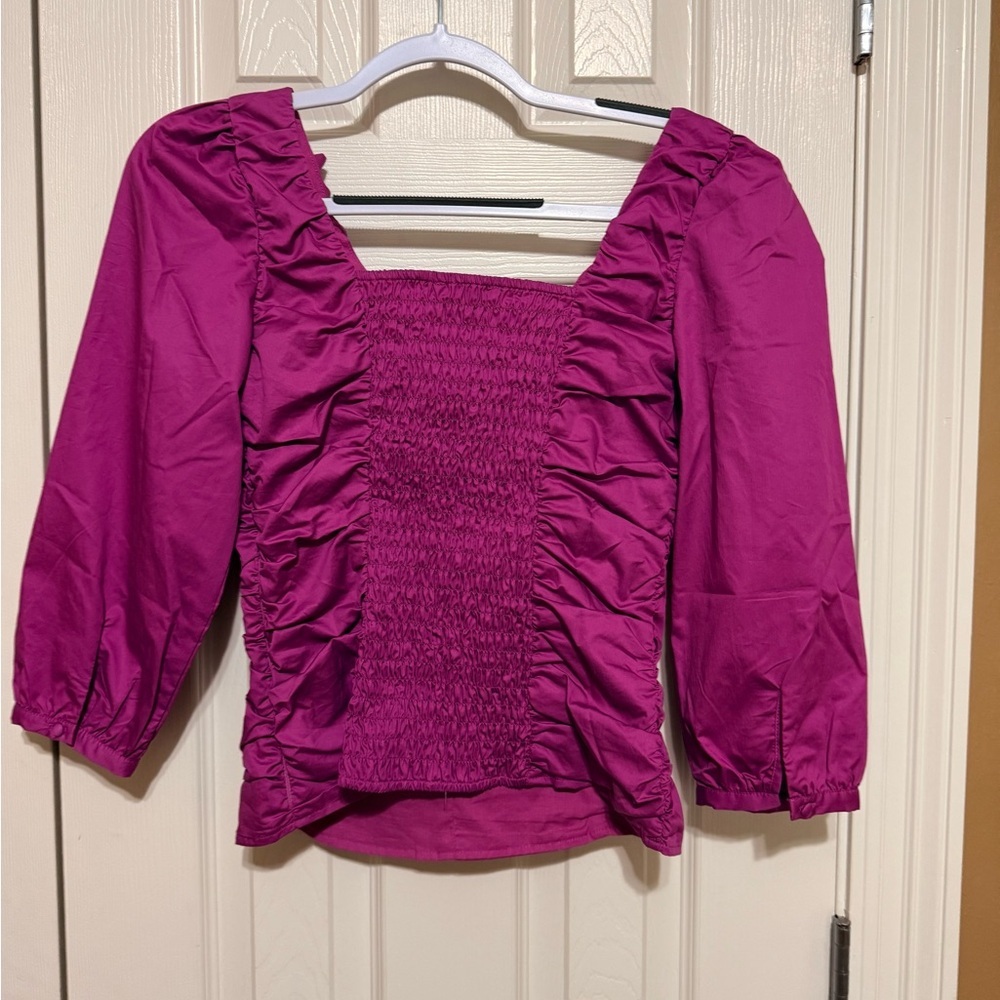 • Boston Proper • Rosette Ruched Poplin Blouse • - Picture 6 of 9